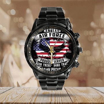 Discover Retired Air Force Veteran US Flag Bald Eagle Baseball Jackets Calendar Steel Band Watch