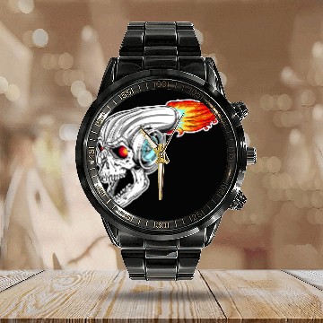 Discover Hell Turbo Power Devil Skull Turbocharger Flames Calendar Steel Band Watch