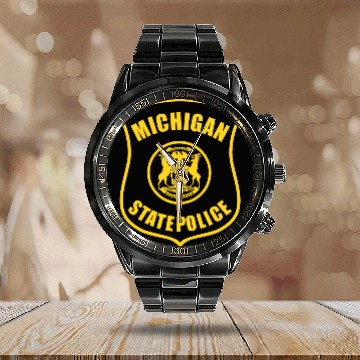 Discover michigan state police logo for black Calendar Steel Band Watch