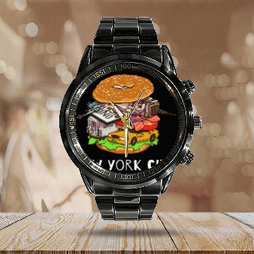 Discover New York City Bagel with Everything NYC Calendar Steel Band Watch
