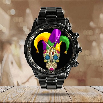 Discover Sugar Skull Mardi Gras Jester Joker Louisiana Carn Calendar Steel Band Watch
