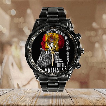 Discover Until Valhalla Viking Skull Spain FLag Calendar Steel Band Watch