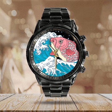 Discover Japanese Koi Fish Great Kanagawa Wave Calendar Steel Band Watch