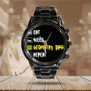 Discover Eat sleep geometry dash repeat retro Jumper Repeat Calendar Steel Band Watch