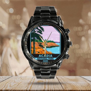 Discover Acadia National Park Maine Bar Harbor Emblem Calendar Steel Band Watch