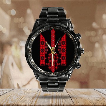 Discover Ukrainian Trident Vyshivanka - Embroidered trizub Calendar Steel Band Watch