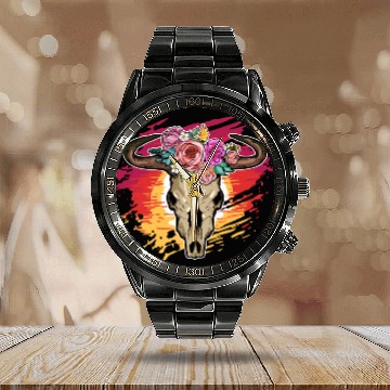 Discover Cow Cattle Farmer Bull Skull Rodeo Calendar Steel Band Watch