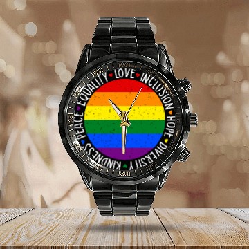 Discover Kindness Equality Love LGBTQ Rainbow Flag Gay Calendar Steel Band Watch