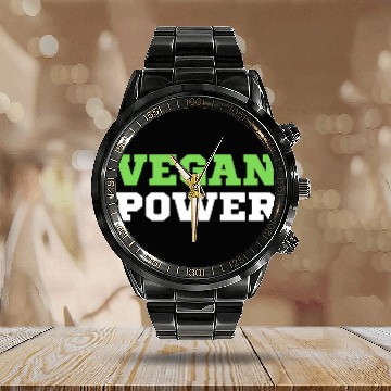 Discover VEGAN POWER (Green & White letters) Calendar Steel Band Watch