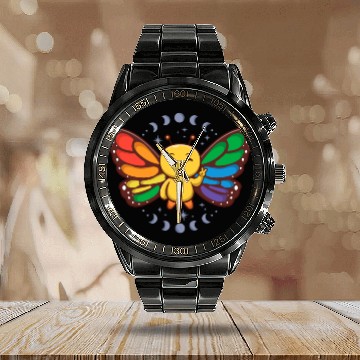 Discover LGBTQ Rainbow Flag Monarch Butterfly Pride Month Calendar Steel Band Watch