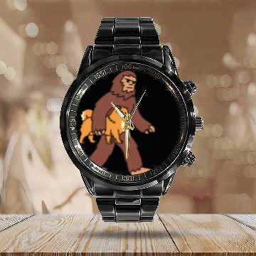 Discover Bigfoot Sasquatch Walking Pomeranian Calendar Steel Band Watch