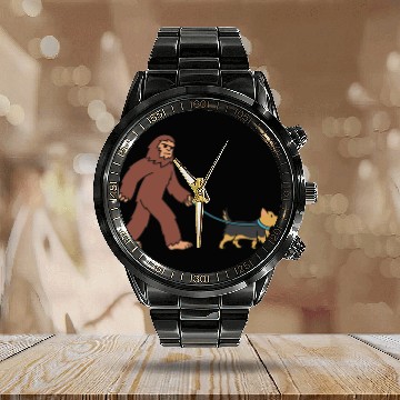 Discover Bigfoot Sasquatch Walking Yorkshire Terrier Calendar Steel Band Watch
