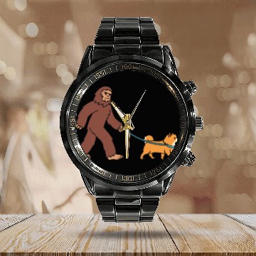 Discover Bigfoot Sasquatch Walking Pomeranian Calendar Steel Band Watch