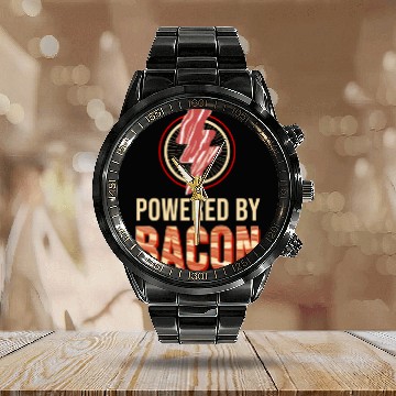 Discover Powered By Bacon For Bacon Lover Calendar Steel Band Watch
