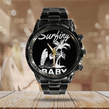 Discover Family Surfing Surfboard Surfing Wave Surfer I Calendar Steel Band Watch
