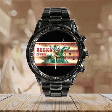 Discover Mexico Cowboy Shield Calendar Steel Band Watch