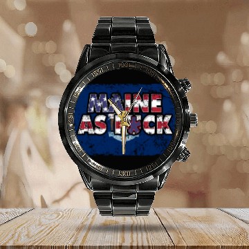 Discover America US Flag State Flag Maine Calendar Steel Band Watch