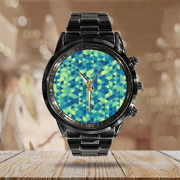 Discover Geometric Hexagon Pattern Blue Yellow Green Calendar Steel Band Watch