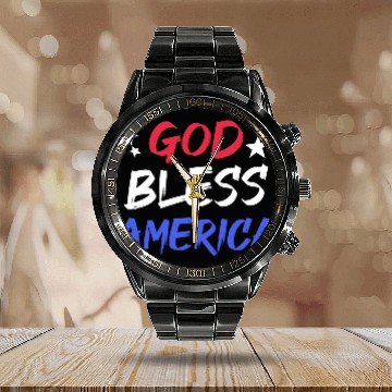 Discover Patriotic USA God Bless America Calendar Steel Band Watch