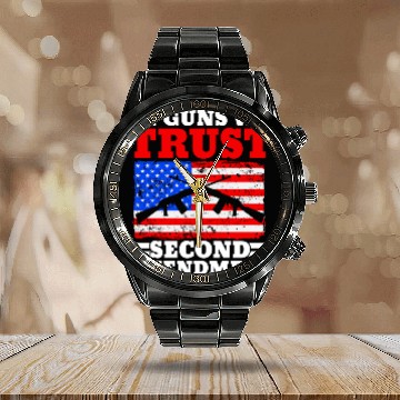 Discover In Guns We Trust Second Amendment Gun Rights USA Calendar Steel Band Watch