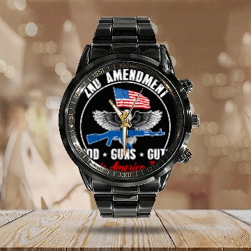 Discover 2nd Amendment God Guns Guts Made America Free Gun Calendar Steel Band Watch