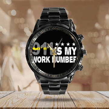 Discover 911 Is My Work Number Yellow Line Police Dispatch Calendar Steel Band Watch