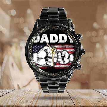 Discover Dad & Son Fist Bump American Daddy US Flag Calendar Steel Band Watch