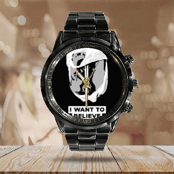 Discover I Want To Believe 001 B-W Skull Calendar Steel Band Watch
