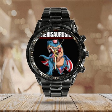 Discover Amerisaurusrex Dinosaur Wearing US Flag Cape And Calendar Steel Band Watch