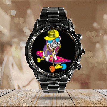Discover Funny pug on a skateboard Puppy wearing a cap Calendar Steel Band Watch