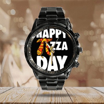 Discover pizza day white Calendar Steel Band Watch