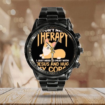 Discover I Don't Need Therapy I Just Need Jesus and Corgi Calendar Steel Band Watch