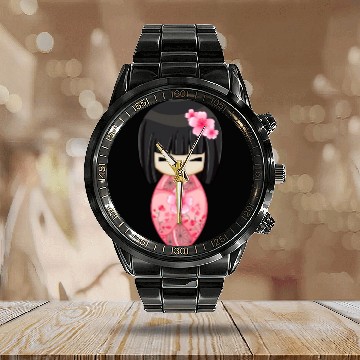 Discover Cherry Blossom Geisha Japanese Kokeshi Doll Calendar Steel Band Watch
