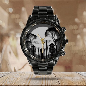 Discover Black Tree Building Calendar Steel Band Watch