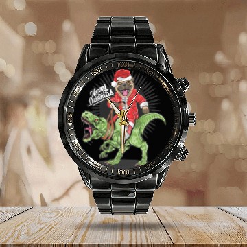 Discover christmas santa claus pug dog riding rex dinosaur Calendar Steel Band Watch