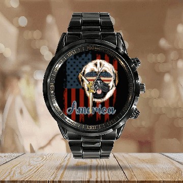 Discover Funny pug american flag, 4th of july gift Calendar Steel Band Watch