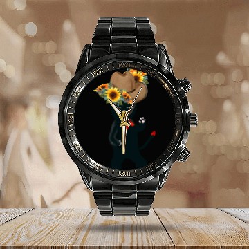 Discover Black Cat With SunFlowers, Gifts For Kitten Lovers Calendar Steel Band Watch