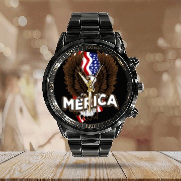 Discover Merica 4th of July Bald Eagle USA American Fla Calendar Steel Band Watch