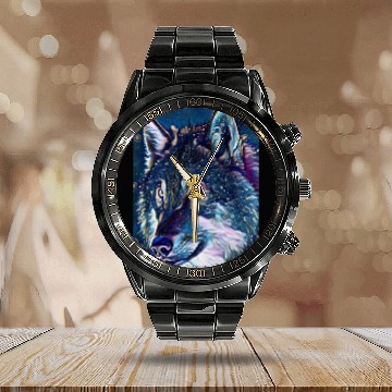 Discover Cut Out Sticker Of Wolf In Midnight Calendar Steel Band Watch