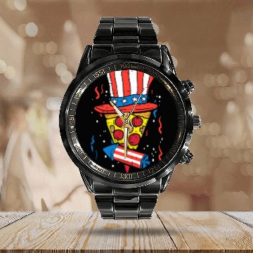 Discover Pizza US Flag Hat Firecracker 4th Of July Food Calendar Steel Band Watch