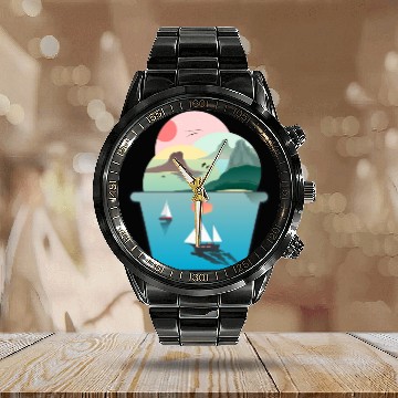 Discover Summer Ice Cream Ocean Wanderlust Sailing Sunset Calendar Steel Band Watch