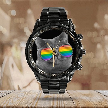 Discover Cat LGBT Sunglasses Gay Pride Rainbow Flag Calendar Steel Band Watch