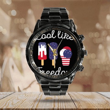 Discover Ice Cream Freedom Popsicles US Flag Calendar Steel Band Watch