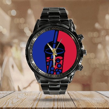 Discover Blue red bubble tea Calendar Steel Band Watch