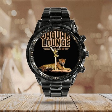 Discover JAGUAR LOUNGE "Drinks On Us, Food On You" FUNNY Calendar Steel Band Watch