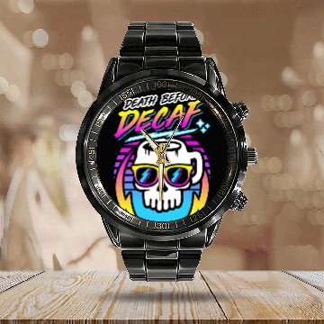 Discover Death Before Decaf (Skull Mug) Retro Neon 80s 90s Calendar Steel Band Watch