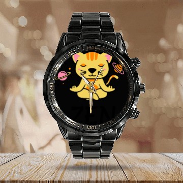 Discover zen yoga cat space meditation sport training Calendar Steel Band Watch