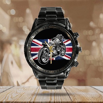 Discover Cafe Racer Bike, Distressed UK Flag Vintage Ride Calendar Steel Band Watch