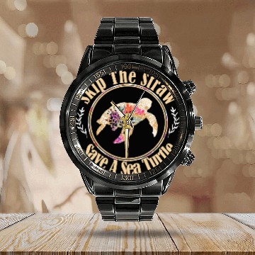 Discover Skip The Straw Save The Sea Turtle Activist Longsl Calendar Steel Band Watch