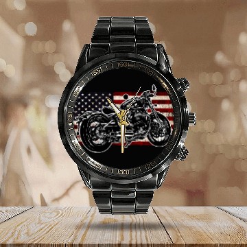 Discover Distressed Flag Vintage Bobber Bike Motorcycle Calendar Steel Band Watch